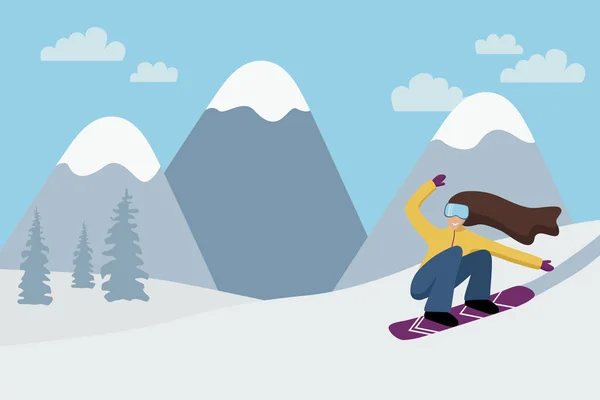 冬の雪の山の中で女性のスノーボード フラットベクトルイラスト スノーボードリゾートで斜面に乗ってゴーグルを身に着けてボードと若い女性のキャラクター スペースのコピー — ストックベクタ