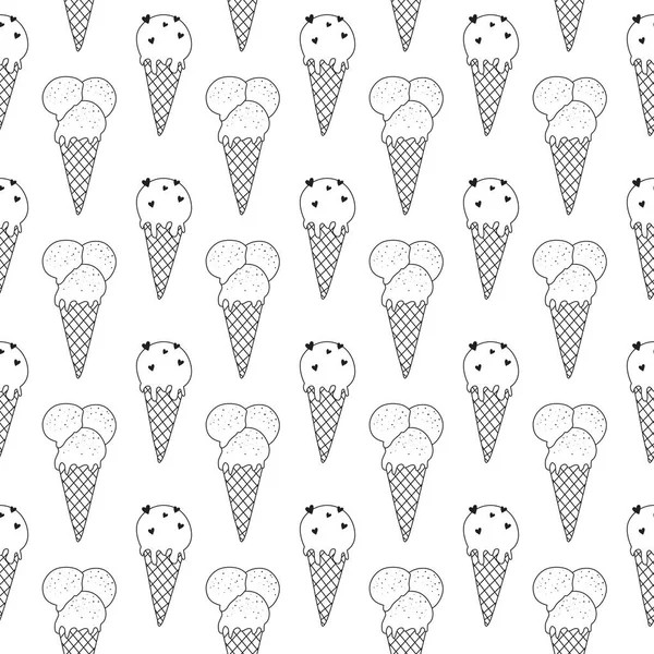 Nahtloses Monochromes Ice Cream Cone Pattern Doodle Stil Handgezeichnete Schwarz — Stockvektor