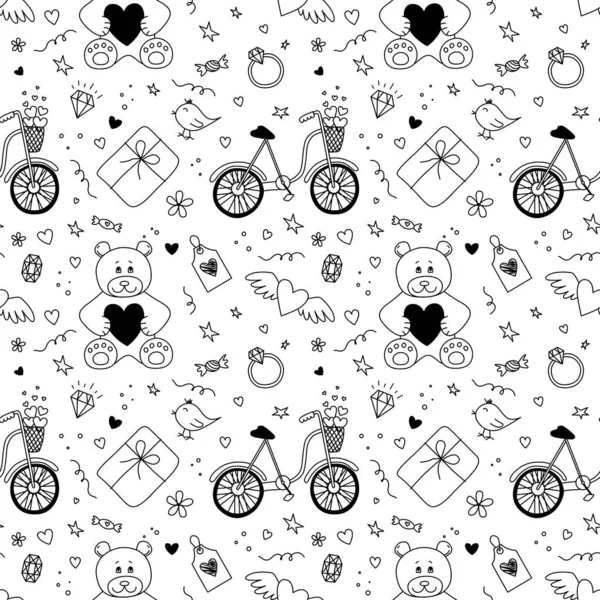 情人节无缝隙的涂鸦图案 泰迪熊 自行车 爱情的象征元素 黑人和白人的浪漫背景 手绘矢量图解 — 图库矢量图片
