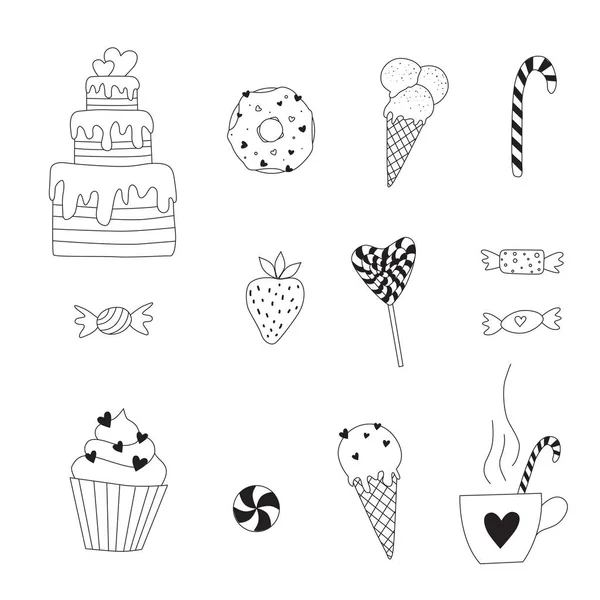 Handgezeichnete Bonbons Doodle Elemente Mit Bonbons Cupcakes Keksen Kuchen Lutschern — Stockvektor