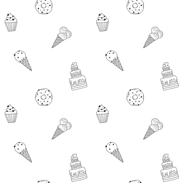 Nahtloses Sweet Dessert Pattern Doodle Stil Handgezeichnete Schwarz Weiße Cupcake — Stockvektor