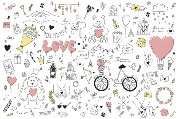 Set of Romantic vector icon in Doodle design. Valentine\'s day, Wedding, love characters. Lettering, birds, hearts, flower, lips teddy bear and bunny. Illustration in hand drawn outline style.