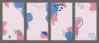 Instagram Hikayeleri ve blog yazarı Özgeçmiş Vektörü ayarlandı. Metin için kopyalama alanı olan soyut yaratıcı şablonlar. Pembe ve mavi renkli davetiye, afiş, kapak ve el ilanları için basit ve minimal tasarım