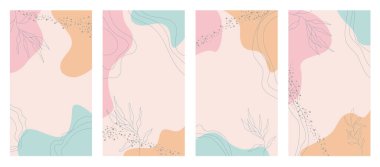 Instagram Hikayesi metin için kopyalama alanı ile Bundle şablonu. Elle çizilmiş organik şekiller ve çiçek çizgileri ile modern vektör düzeni. Sosyal medya hikayeleri, dijital gönderi, afişler, kapaklar için tasarım