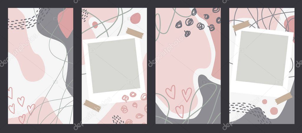 Instagram Stories and blogger Backgrounds. Vector set with copy space for text and photo frame. Valentines day design - Pink colored shapes, lines, hearts. Template for Social Media Covers, banners
