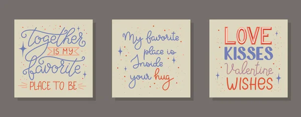 情人节贺卡上有手写的短语 米黄色 珊瑚色 手绘Lettering 受欢迎的情人引证 平面设计 爱的吻 在一起 — 图库矢量图片