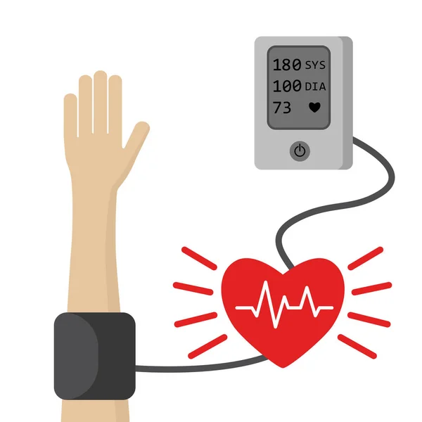 高血压 高血压病与健康护理的概念与医疗体能表和心脏 血压计白色背景下孤立的扁平型电子血压计 — 图库矢量图片#