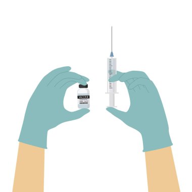 COVID-19 aşı konsepti. Ellerinde Coronavirus aşısı şişesi ve panzehirle plastik şırınga tutan tıbbi eldivenler var. İlaçlı cam ampul. SARS-Cov2. Düz Vektör illüstrasyonu.