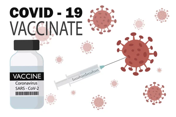 医用一次性注射器加考拉韦疫苗瓶 疫苗注射和病毒Covid 19病原体 疫苗接种说明 在白色背景上孤立的平面向量图 — 图库矢量图片#