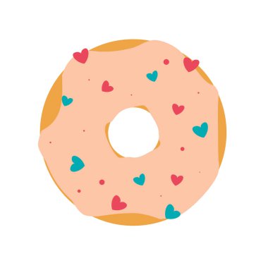 Elle çizilmiş tatlı çörek, pembe kaplama ve üstünde kalpler var. Düz Vektör illüstrasyonu beyaz arkaplanda izole edildi.