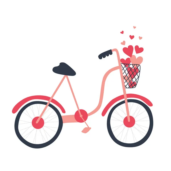 Handgezeichnetes Niedliches Rosafarbenes Fahrrad Mit Korb Und Herzen Zum Valentinstag — Stockvektor