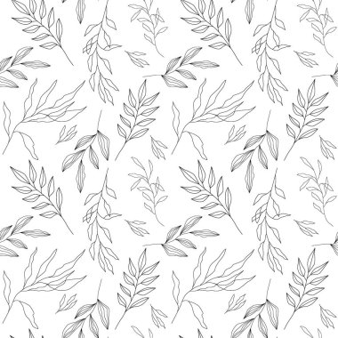 Vektör Çiçeksiz Şablon ve zarif çizgili bitki. Tek renkli yapraklar çiziyor. Modern botanik minimalist çizgi çizimi. Boho tarzında tekstil çiçek deseni.