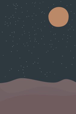 Gece manzarası, çöl, yıldızlar ve dolunay olan soyut çağdaş bir arka plan. Toprak tonları ve lacivert renkler. Minimalist Boho duvar dekoru, baskı, düz kartpostal, İskandinav tasarımı