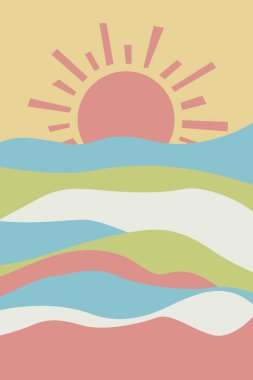 Geometrik Soyut Çağdaş arkaplan. Güneş ve tepeler, gün batımı. Boho duvar dekoru. Bebek partisi davetiyeleri, kartlar, bebek odası posterleri için tasarım. Düz biçimli vektör illüstrasyonu.