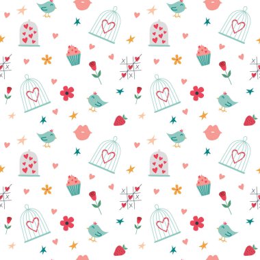 Tatlıların, kuşların ve kalplerin olduğu kusursuz romantik bir düzen. Sevgililer Günü Arkaplanı. Moda tekstil baskısı, ambalaj ve sevgililer günü için moda tasarım konsepti. El çizimi düz vektör çizimi.