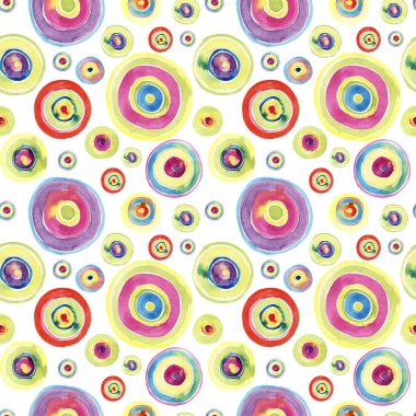 Kızlar için kusursuz suluboya deseni. Soyut formlar ve renkli çemberlerle yaratıcı bir arkaplan. Tekstil ve kumaş için el yapımı komik duvar kâğıdı. Neon renkli moda biçimi