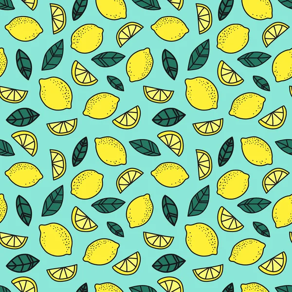 Tropical Seamless Pattern Lemons Mint Background Print Fruit Leaves Slices — Stock Vector