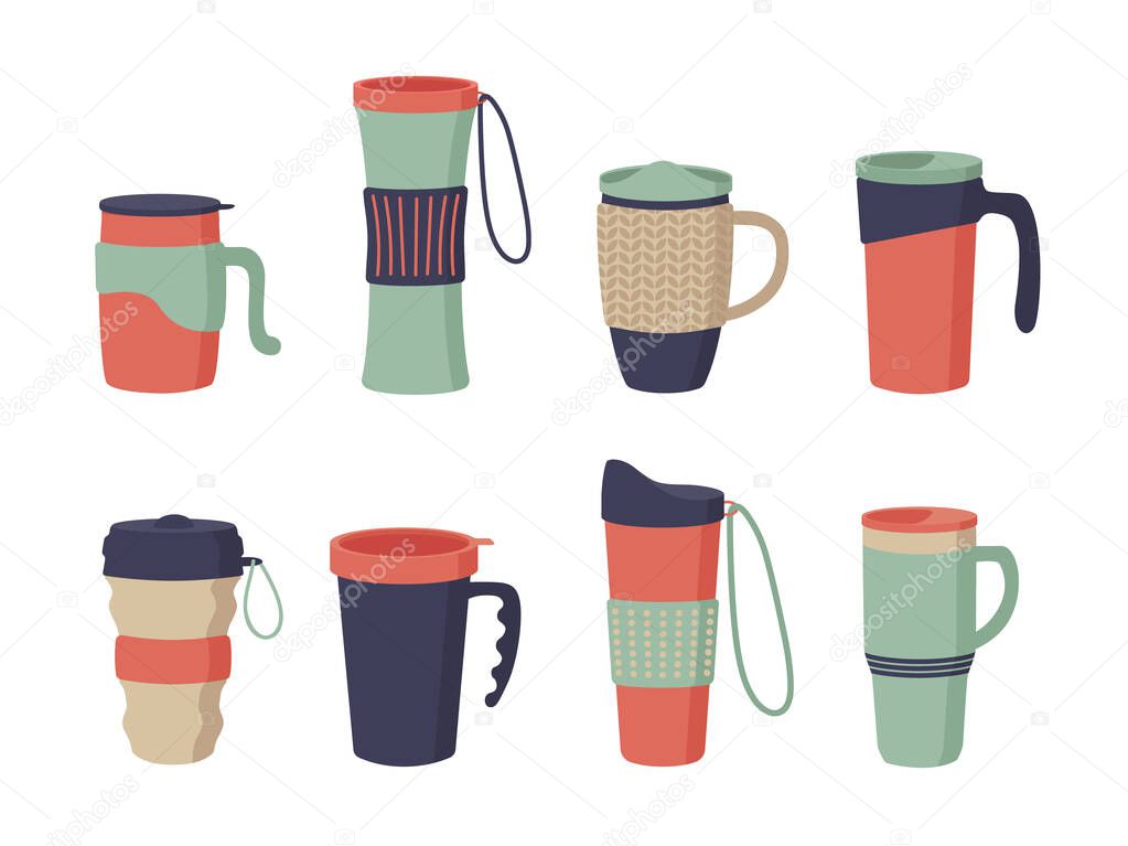 Reusable cups, tumblers and thermo mug with cover. Set of thermos for take away coffee. Zero waste. Vector illustrations in flat cartoon style isolated on white background