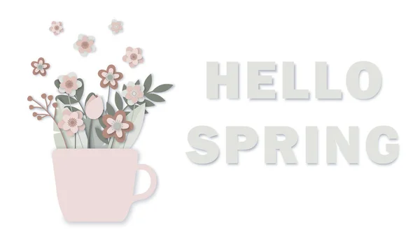 Merhaba Kağıt Kesimi Tipografi Çiçekler Yapraklı Modaya Uygun Pastel Renkli — Stok Vektör