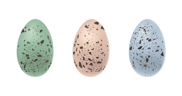 현실적 파란색 분홍색 초록색 부활절 달걀은 부활절 디자인을 메추라기 백색광에서 — 스톡 벡터