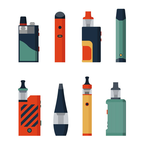 Electronic Cigarettes and Vape set. E-cigarette for vaping. Different design vape pens and pod mods. Hipster equipment for smoking. Flat cartoon vector illustration.