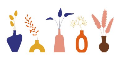 Seramik vazolar ve egzotik tropik yapraklar, çiçekler, boho tarzı. Moda Botanik Tesisleri Ev İçi İçin Saklı. El çizimi karalama çizimi. Vektör çizimi. Toprak eşyalar seti.