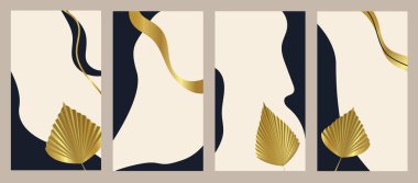 Instagram öykü şablonu, sosyal medya gönderileri, Hikayeler ve fotoğraflar için soyut Yaratıcı kapak tasarımı. Lüks altın rengi tropik palmiye yaprağı koleksiyonu. Vektör illüstrasyonu.