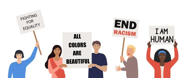 Gente Diferentes Nacionalidades Culturas Con Cartel Protesta Alto Racismo Igualdad — Vector de stock
