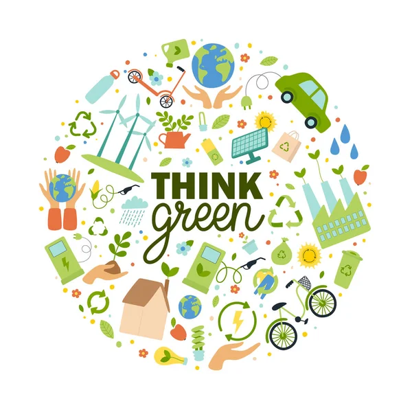 Think Green Slogan Eco Elements Circle Shape Earth Concept Hand — ストックベクタ