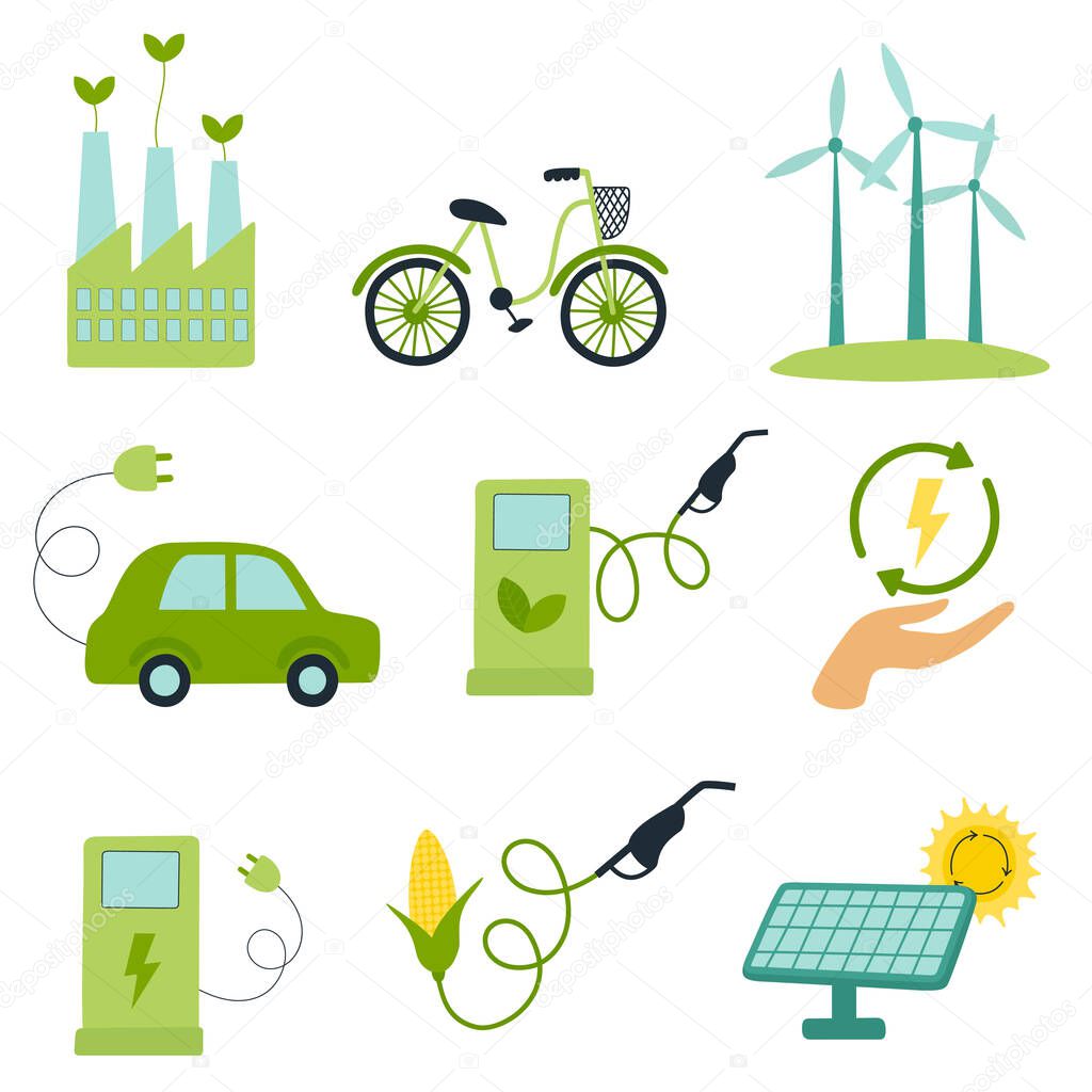 Green energy set. Windmills and solar panels, eco fuel, Electric car. Ecological friendly energy producing. Hand drawn Flat vector illustration.