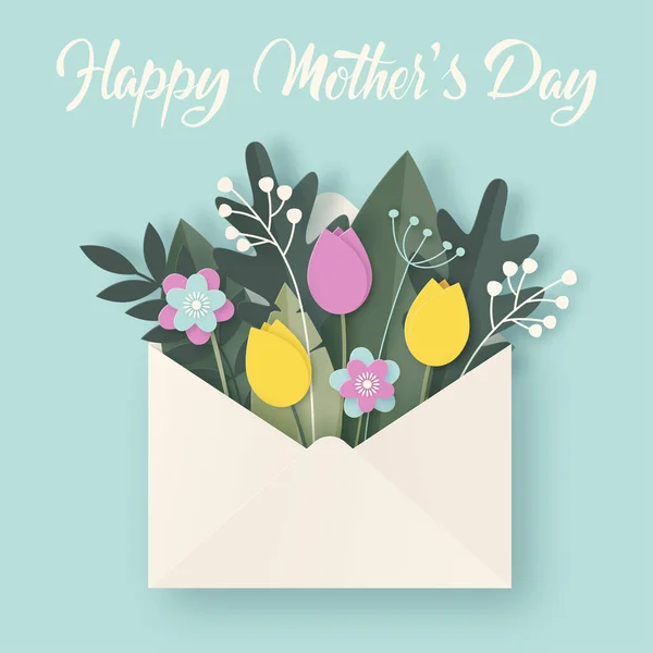 幸せな母の日の挨拶カード封筒 花束と青の背景に葉 手書きの引用 カラフルな春の3Dペーパーアート バナー ポスターのデザイン ベクターイラスト — ストックベクタ