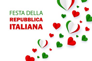 Festa della Repubblica Italiana background. Text in italian: Italian Republic Day, June 2th. Happy national holiday. Italy flag in heart shape. Patriotic design. Vector illustration
