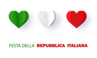 Festa della Repubblica Italiana. Italian flag in the form of three hearts. Text in italian: Italian Republic Day. Happy national holiday. Patriotic design. 3d paper cut and craft. Vector illustration