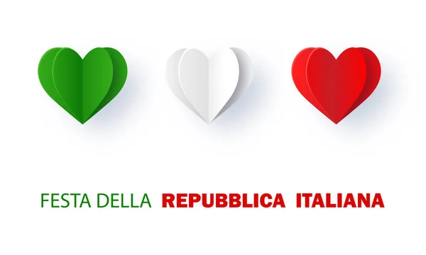 Festa Della Repubblica Italiana Bandera Italiana Forma Tres Corazones Texto — Vector de stock