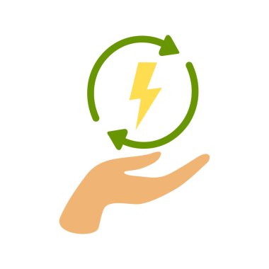 Yeşil ekoloji enerjiyi yeniliyor. Döndürme oku sembolü. Güneş enerjisi ikonu. Çevre koruma, gezegen konseptini kurtarmak. Beyaz arkaplanda el çizimi düz vektör çizimi izole edildi.