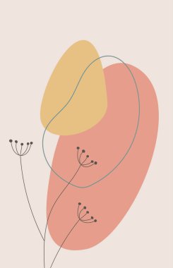 Dünya tonu boho yaprak çizimi. El yapımı bitkiler, şekiller, bitkiler, yapraklar ve vazolar. Tropik çiçek tasarımı. Asgari ve doğal Modern vektör illüstrasyonu, poster, duvar sanatı, baskı, kapak.