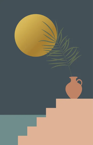 Zeitgenössische Ästhetische Hintergrund Mit Bogen Nachtlandschaft Kräuter Der Vase Goldener — Stockvektor
