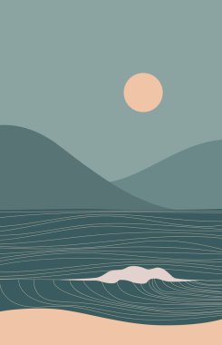 Abstract contemporary aesthetic landscape with Sun, Sea, wave, mountains. Mid century modern minimalist line art print. Background in retro asian japanese style. Vector illustrations