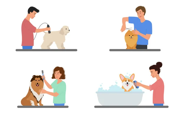 Collection Scenes People Grooming Dogs Man Women Caring Pets Cutting — Stock Vector