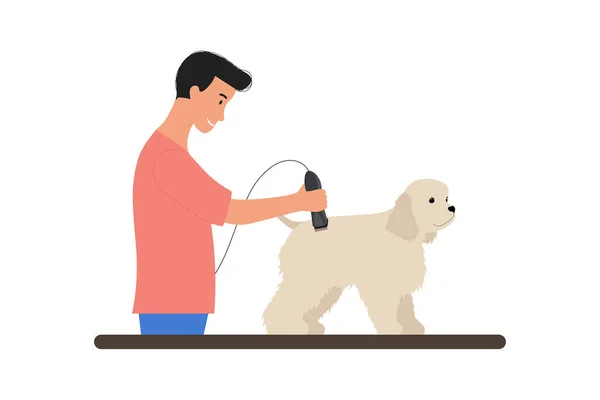 Man Trimmer Grooming Cute White Puppy Scene Caring Pet Cutting — Stock Vector