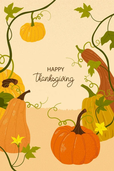 Happy Thanksgiving Cute Fall Background Leaves Pumpkins Poster Card Seasonal — Stok Vektör