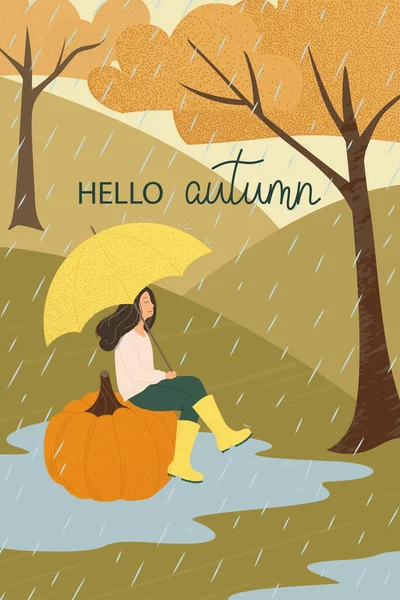 Sonbahar Manzarası Şemsiyenin Altında Balkabağının Üstünde Oturan Kız Yağmurlu Bir — Stok Vektör