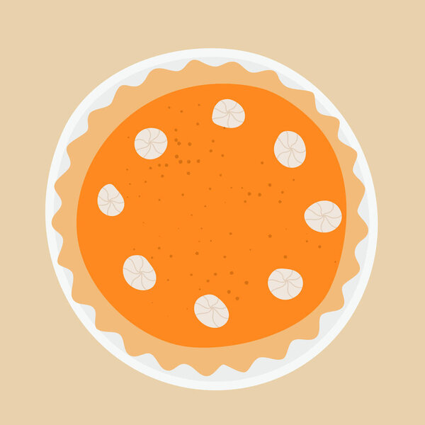 Pumpkin cheesecake with whipped cream on the top. Carrot autumn orange pie. Top view. Isolated Flat vector illustration in hand drawn style.