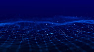 3 boyutlu dalga. Parçacık dalgası. Soyut Mavi Geometrik Arkaplan. Büyük veri görselleştirmesi. Veri teknolojisi soyut gelecek çizimi. 3d oluşturma.