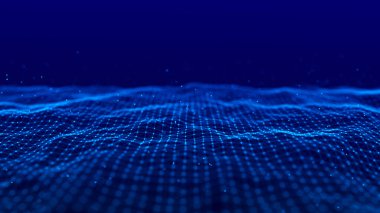 3 boyutlu dalga. Parçacık dalgası. Soyut Mavi Geometrik Arkaplan. Büyük veri görselleştirmesi. Veri teknolojisi soyut gelecek çizimi. 3d oluşturma.