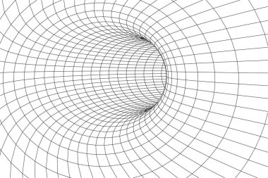 Tünel ya da solucan deliği. Dijital 3D kablo çerçeveli tünel. Üç boyutlu tünel ızgarası. Ağ siber teknolojisi. Sürrealizm. Vektör illüstrasyonu.