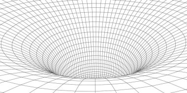 Tünel ya da solucan deliği. Dijital 3D kablo çerçeveli tünel. Üç boyutlu tünel ızgarası. Ağ siber teknolojisi. Sürrealizm. Vektör illüstrasyonu.