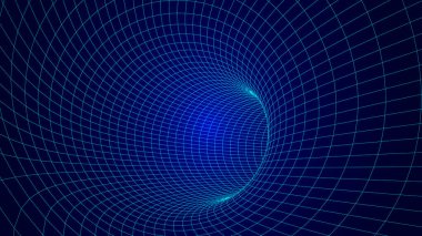 Tünel ya da solucan deliği. Dijital 3D kablo çerçeveli tünel. Üç boyutlu tünel ızgarası. Ağ siber teknolojisi. Sürrealizm. Vektör illüstrasyonu.