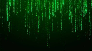 Dijital arkaplan yeşil matrisi. Matrix tarzı program. Ondalık Sayıların akışı. Bilgisayar kodu.