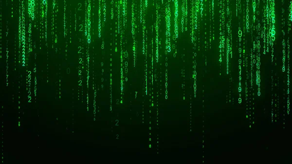 Dijital arkaplan yeşil matrisi. Matrix tarzı program. Ondalık Sayıların akışı. Bilgisayar kodu.